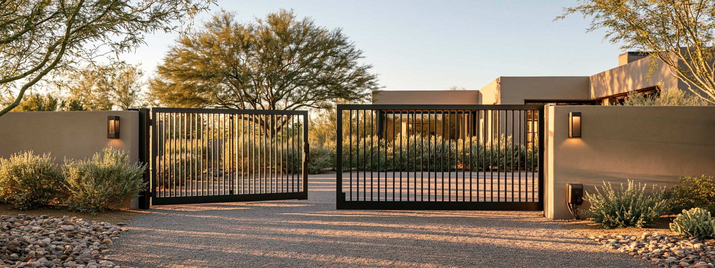 A wide automatic gate standing open at the end of a long desert driveway