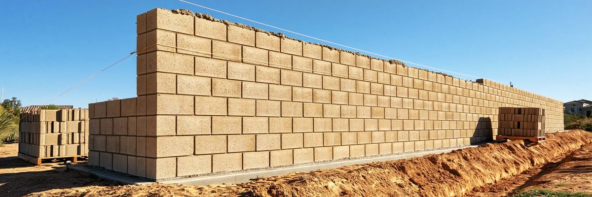 A new tan block wall going up along a desert property line in Queen Creek.