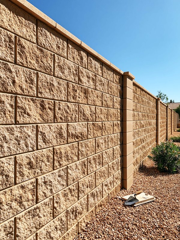 A repaired stretch of block wall in Queen Creek, finished and matched, with the mason's board and trowel still on the gravel