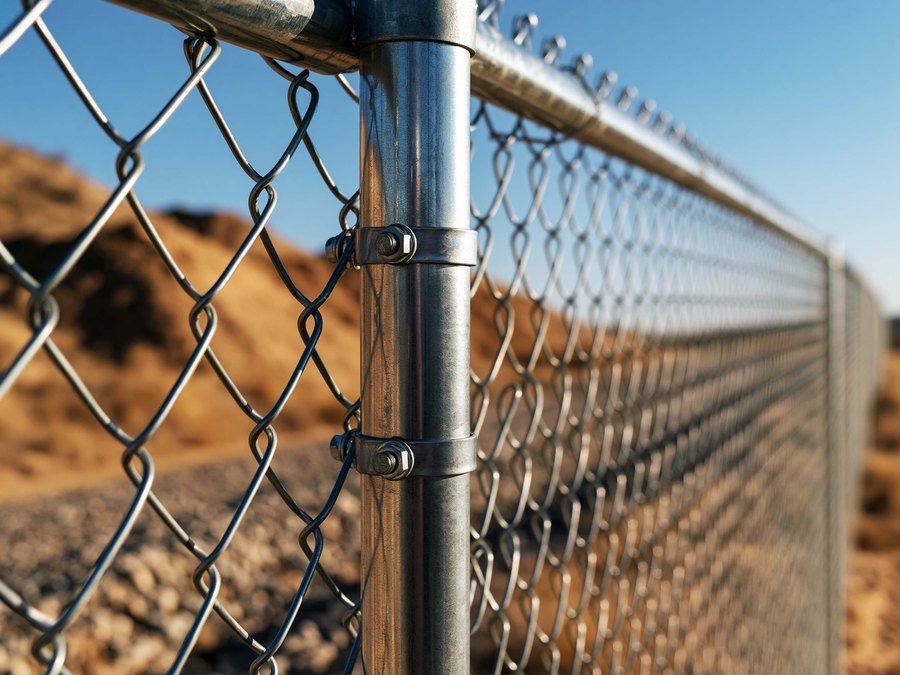 A tension bar bolted to an end post with the mesh pulled tight against it