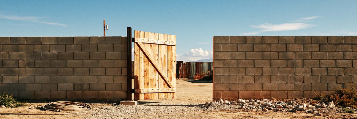A wood gate hung on a steel post in a block wall opening, Queen Creek, AZ.