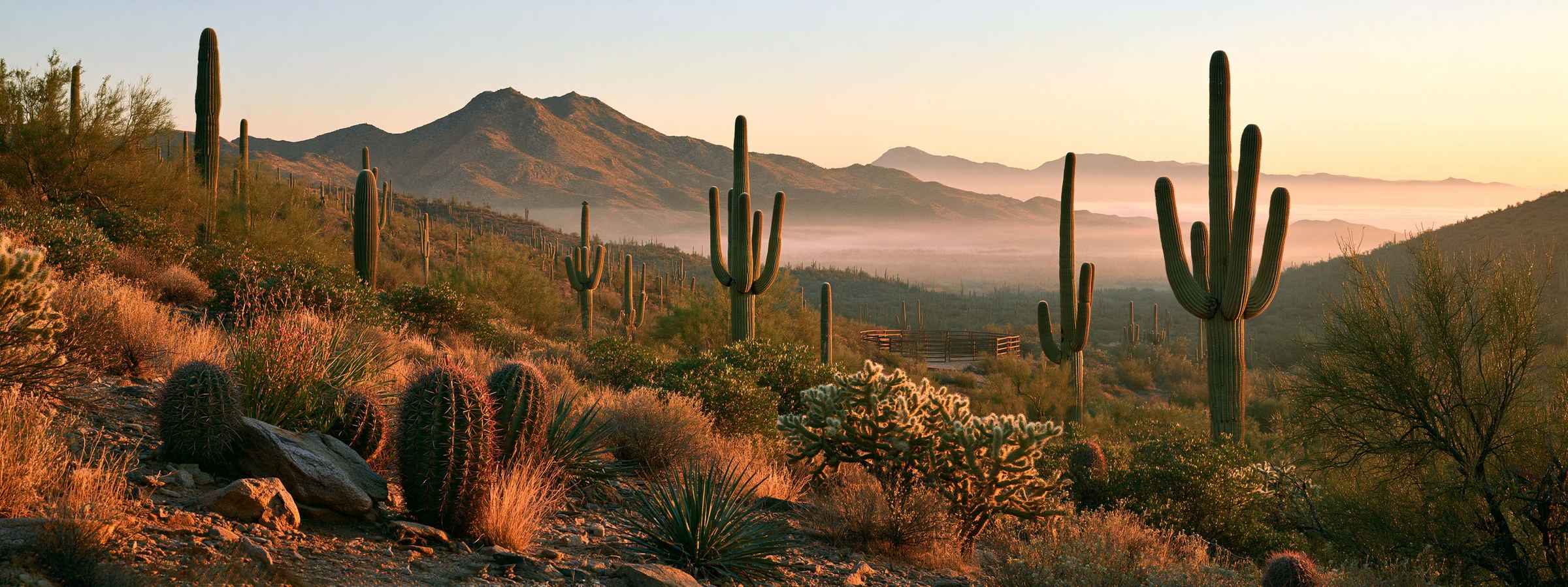 A saguaro-covered foothill slope at dawn near Gold Canyon, AZ