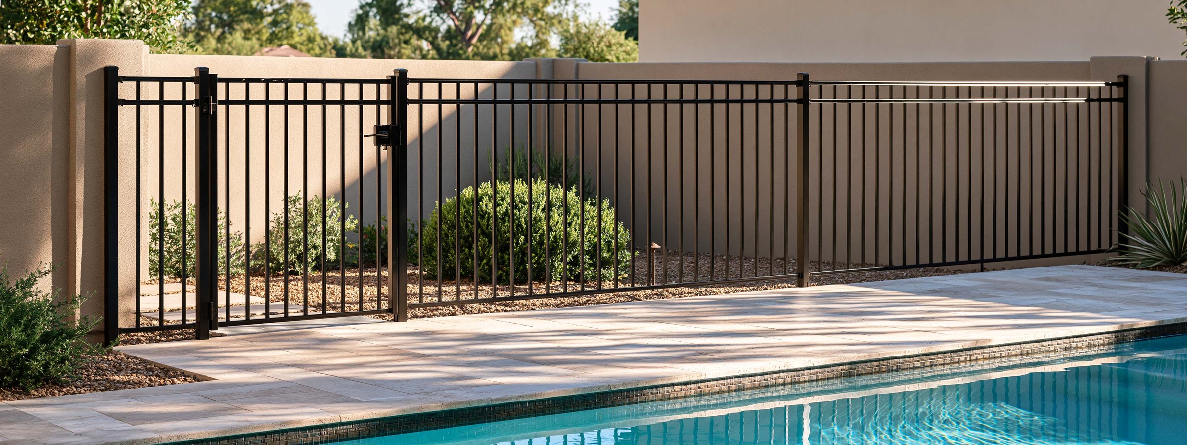 A black metal pool fence with a self-latching gate beside a backyard pool