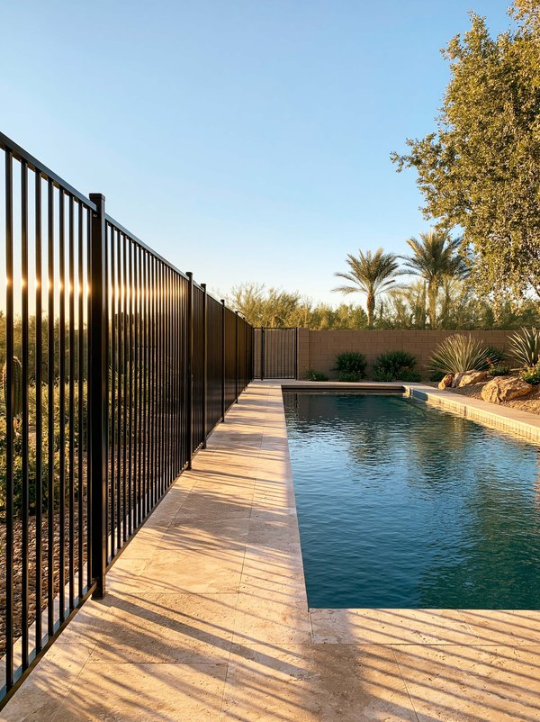 A finished pool fence standing between a desert yard and the water