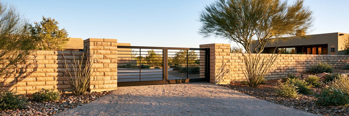 A wide metal driveway gate set between block columns on a gravel drive, Queen Creek, AZ.