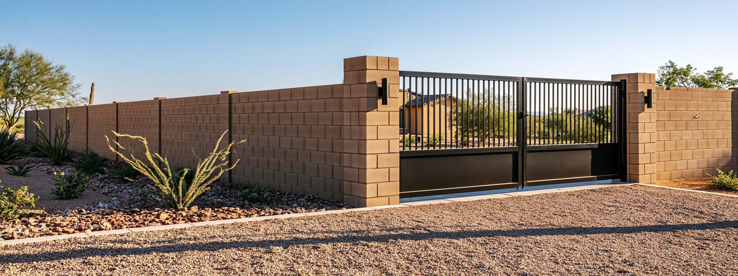 A wide black RV gate framed into a tan block wall beside a gravel driveway