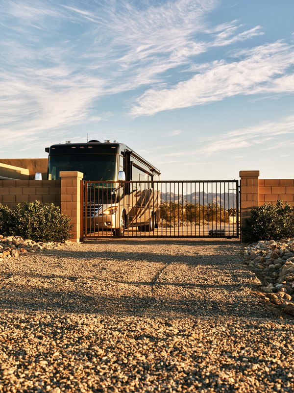 A finished RV gate closed and hanging square in a block wall