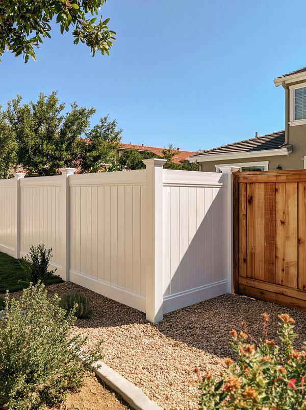A vinyl fence and a wood fence meeting at the corner of a desert back yard