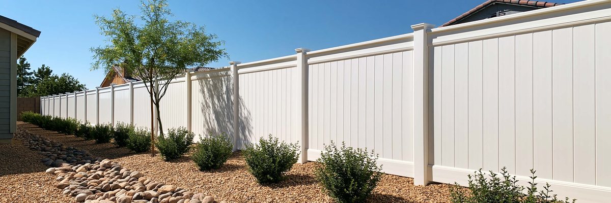 A white vinyl privacy fence along a landscaped desert back yard, Queen Creek, AZ.
