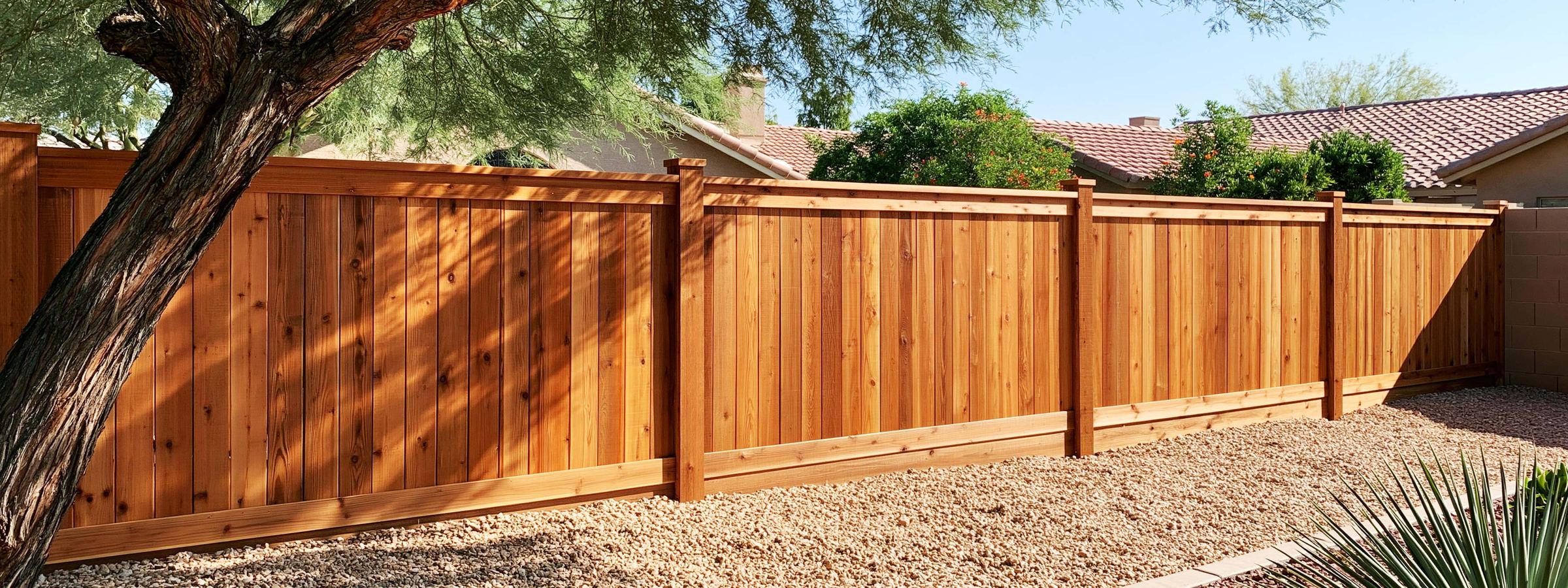 A cedar fence along the shaded side of a Queen Creek back yard