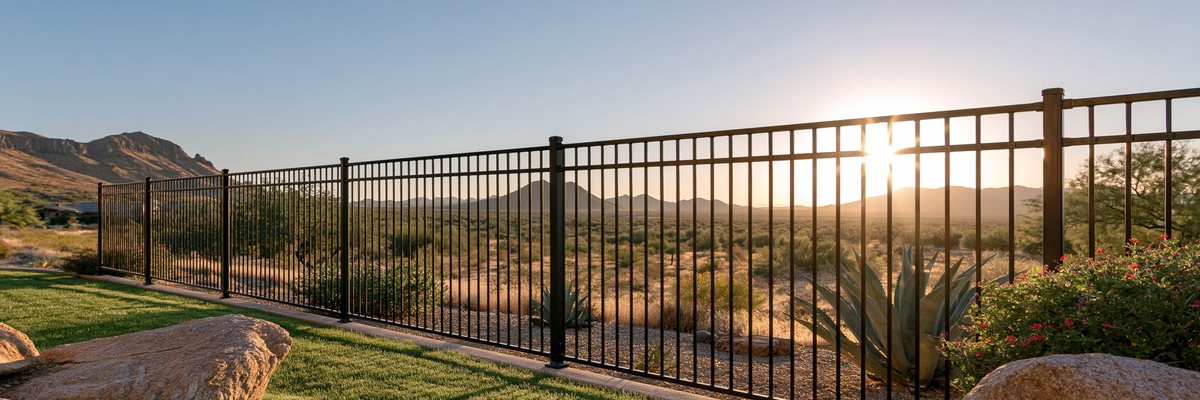 A black view fence looking out to open desert and mountains, Queen Creek, AZ.